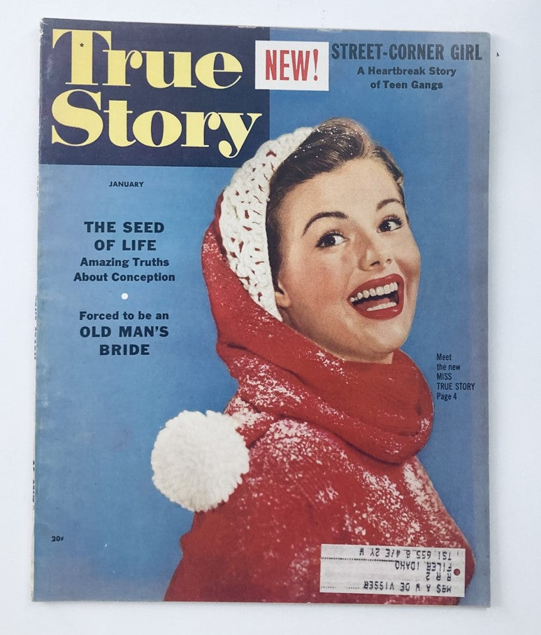 Cover of VTG True Story Magazine January 1954 featuring Myrna Hansen Miss True of '54 in a red blanket and smiling brightly.