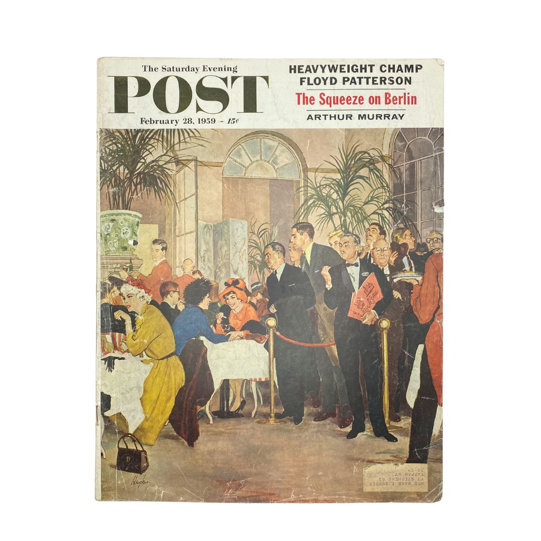 Cover of Saturday Evening Post Magazine February 28, 1959 featuring the artwork titled 'Niagara of Conversation' by Hughes, depicting a lively social scene in a vintage setting.