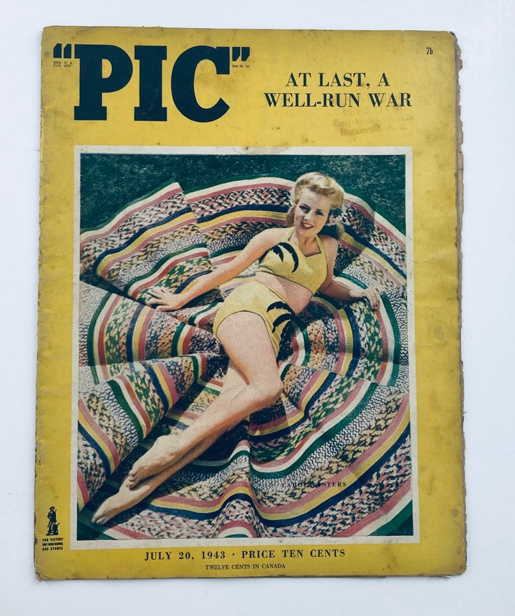 Cover of VTG "Pic" Magazine from July 20, 1943, featuring Carol Winters in a swimsuit, showcasing the vibrant art and design typical of the era.