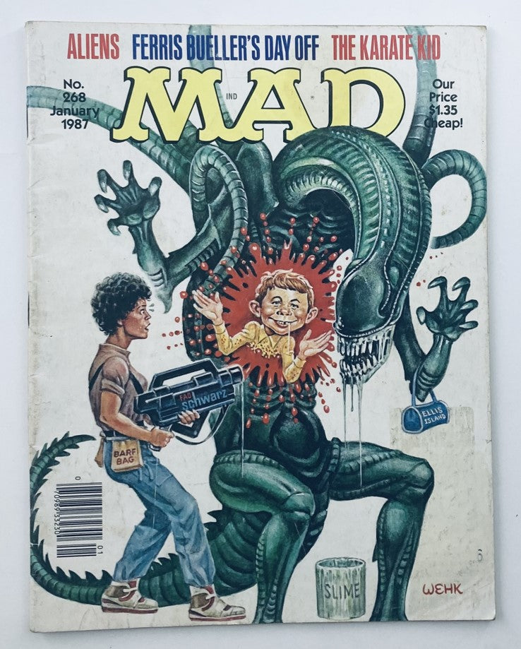Cover of Mad Magazine January 1987 No. 268 featuring an illustration related to Aliens, showcasing humor with characters and a science fiction theme.