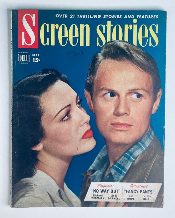 Cover of VTG Screen Stories Magazine from September 1950, featuring Richard Widmark and Linda Darnell with dramatic expressions, showcasing vintage Hollywood charm.