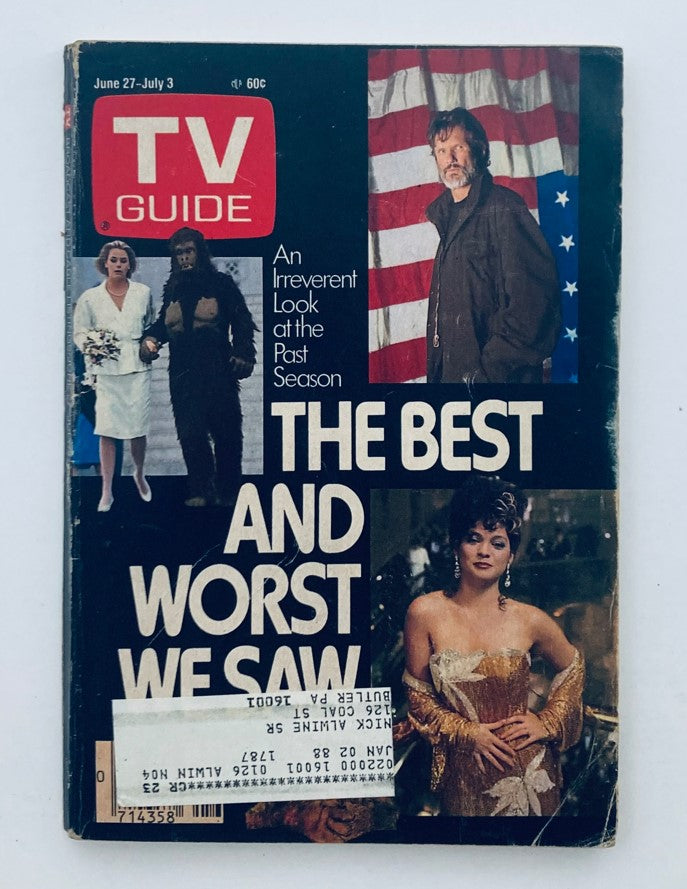TV Guide Magazine June 27 1987 featuring Kris Kristofferson and Pittsburgh Metro Edition. Cover design includes title 'TV Guide' and highlights popular TV shows of the time.