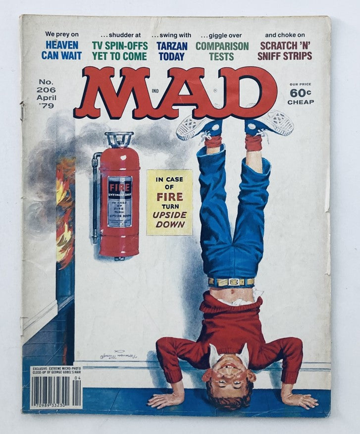 VTG Mad Magazine April 1979 No. 206 cover art featuring a humorous upside-down character and fire safety theme.