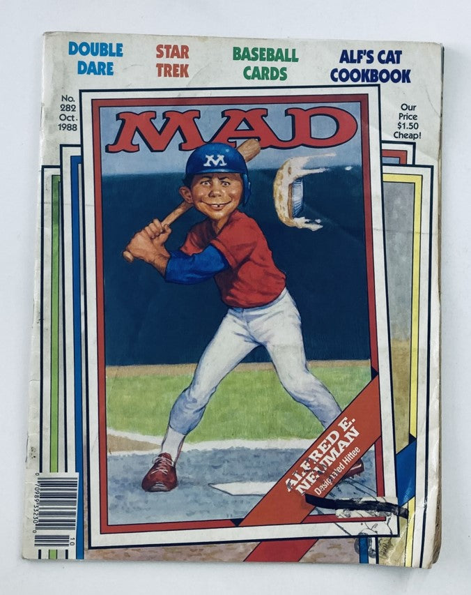 Cover of Mad Magazine October 1988 No. 282 featuring Alfred E. Neuman playing baseball, highlighting the magazine's humor and pop culture references from the late '80s.