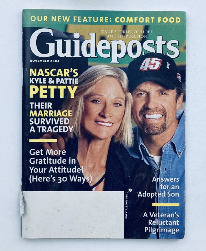 Cover of Guideposts Magazine from November 2004, Volume 59, Number 9 featuring NASCAR's Kyle and Pattie Petty, emphasizing their inspiring story and resilience.