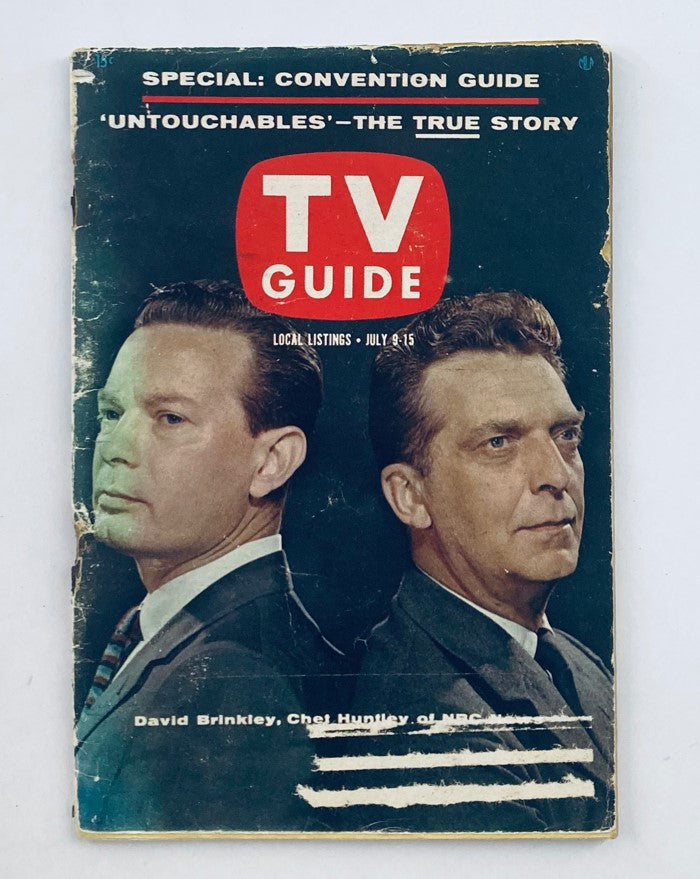 TV Guide Magazine July 9, 1960 cover featuring David Brinkley and Chet Huntley, showcasing iconic TV personalities from NBC.