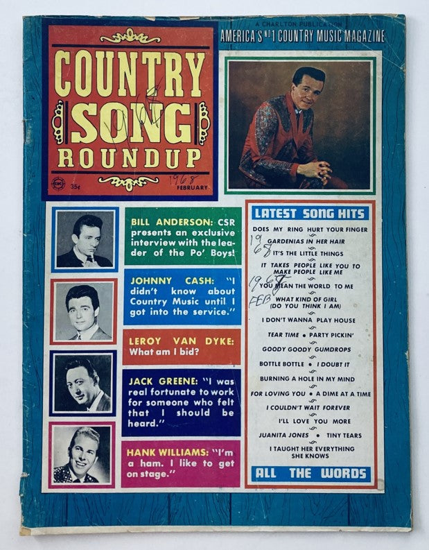 Cover of the VTG Country Song Roundup Magazine from February 1968 featuring Bill Anderson, showcasing articles and photographs related to classic country music.