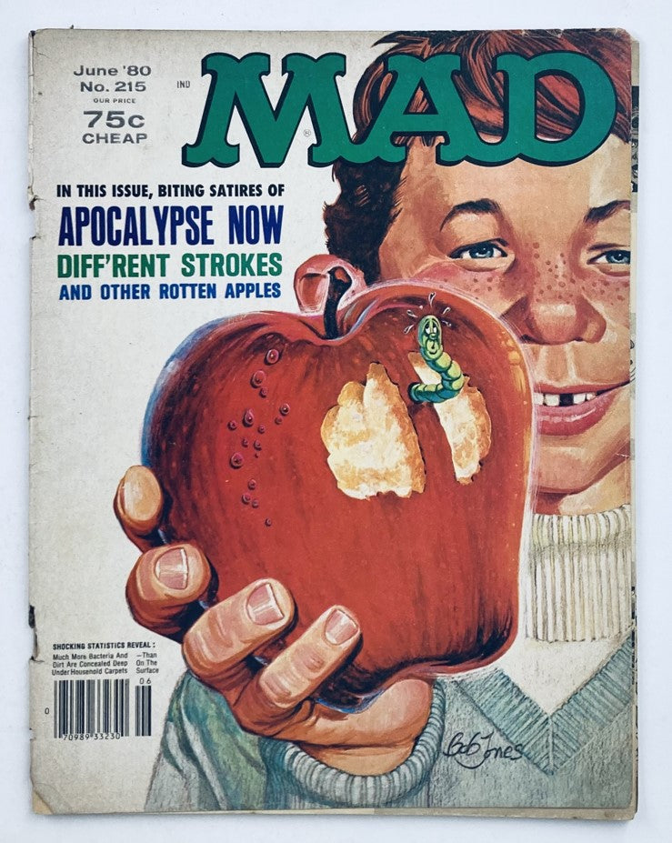 Cover of Mad Magazine June 1980 No. 215 featuring humorous artwork with a child holding an apple; titled 'Other Rotten Apples!' showcasing classic satire.
