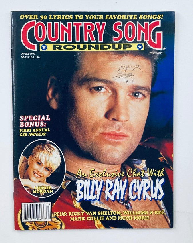 Cover of Country Song Roundup Magazine April 1993 featuring an exclusive chat with Billy Ray Cyrus and Lorrie Morgan. The cover emphasizes articles about the first annual CSR awards and includes a striking image of Billy Ray Cyrus.