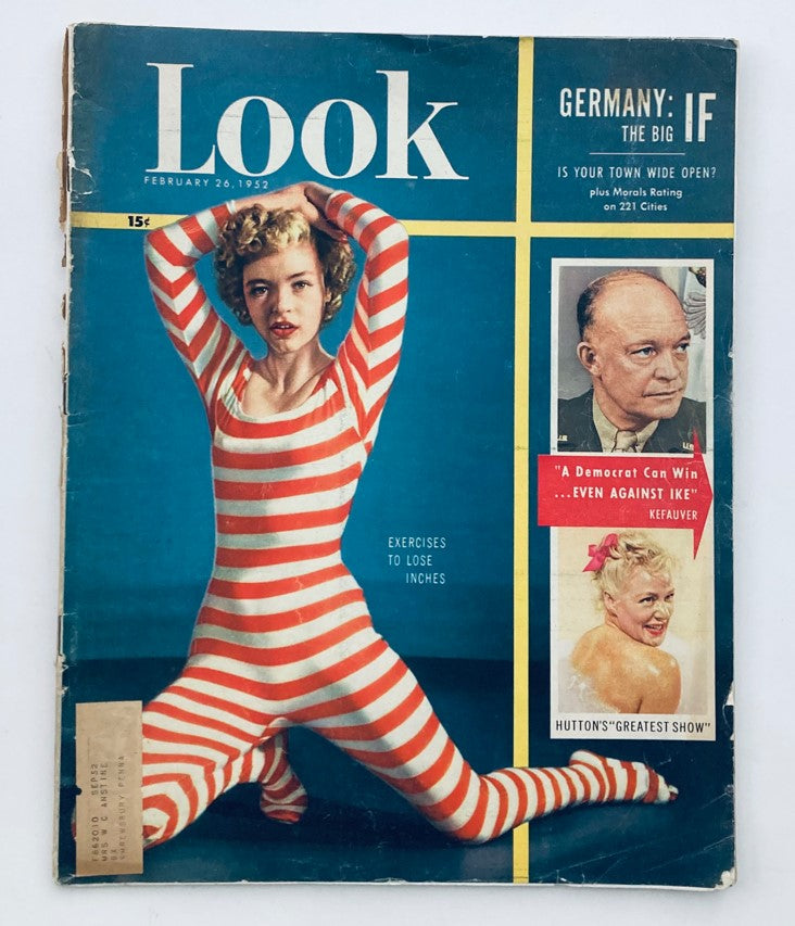 Cover of VTG Look Magazine February 26, 1952, Vol 16 No. 5 featuring a model in a striped bodysuit, showcasing classic mid-20th century fashion.