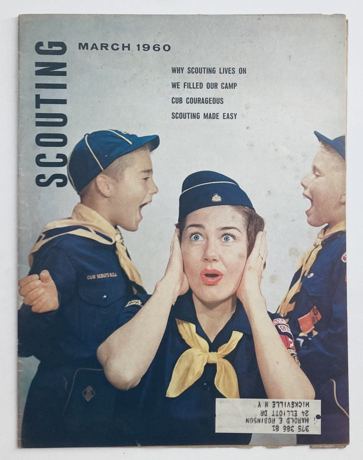 Cover of VTG Scouting Magazine March 1960, featuring children in Cub Scout uniforms, with a focus on Cub Scout Den Meetings and related activities.