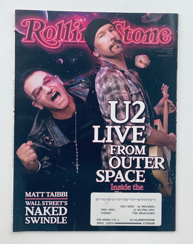 Rolling Stone Magazine cover featuring U2, titled 'Live from Outer Space', from the October 15, 2009 issue 1089, showcasing band members Bono and The Edge.