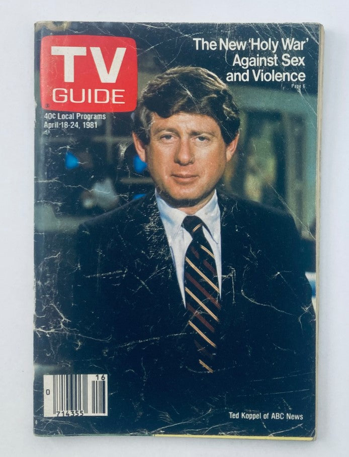 Cover of TV Guide Magazine April 18, 1981 featuring Ted Koppel, Kansas State Edition, discussing the new 'Holy War' against sex and violence.