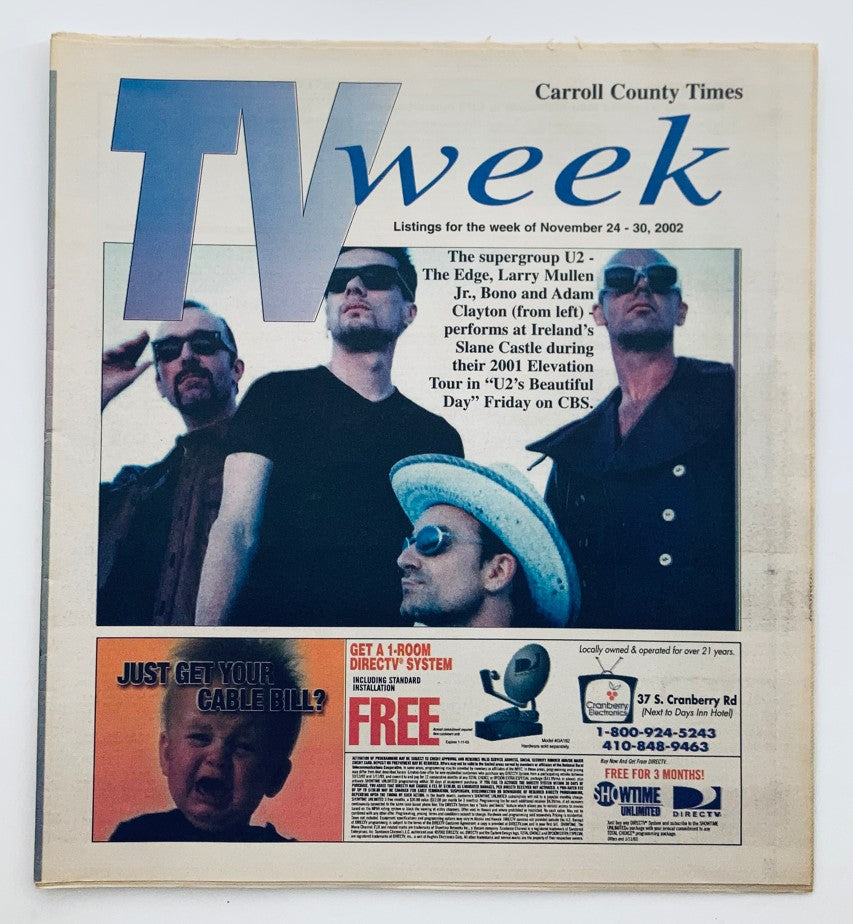 Cover of TV Week Magazine dated November 24, 2002 featuring U2 members The Edge, Larry Mullen Jr., Bono, and Adam Clayton, promoting their performance on CBS.