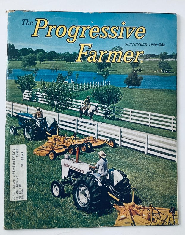 Cover of VTG The Progressive Farmer Magazine September 1969 featuring a picturesque rural scene with tractors, a horse rider, and lush green fields, emphasizing the theme of agriculture.