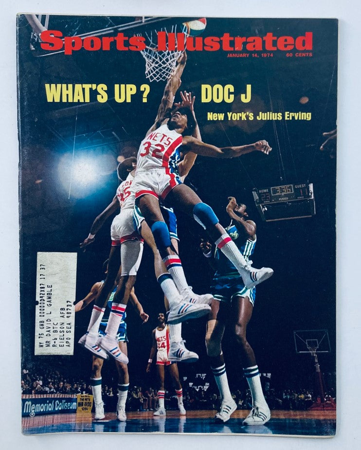 Vintage Sports Illustrated Magazine cover featuring Julius Erving, known as Doc J, in action for the New York Nets, January 14, 1974. The cover showcases a dynamic basketball scene highlighting Erving's athleticism.
