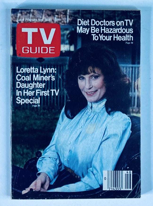 TV Guide Magazine cover from November 14, 1981, featuring Loretta Lynn, with headlines about her first TV special and health warnings related to diet doctors.