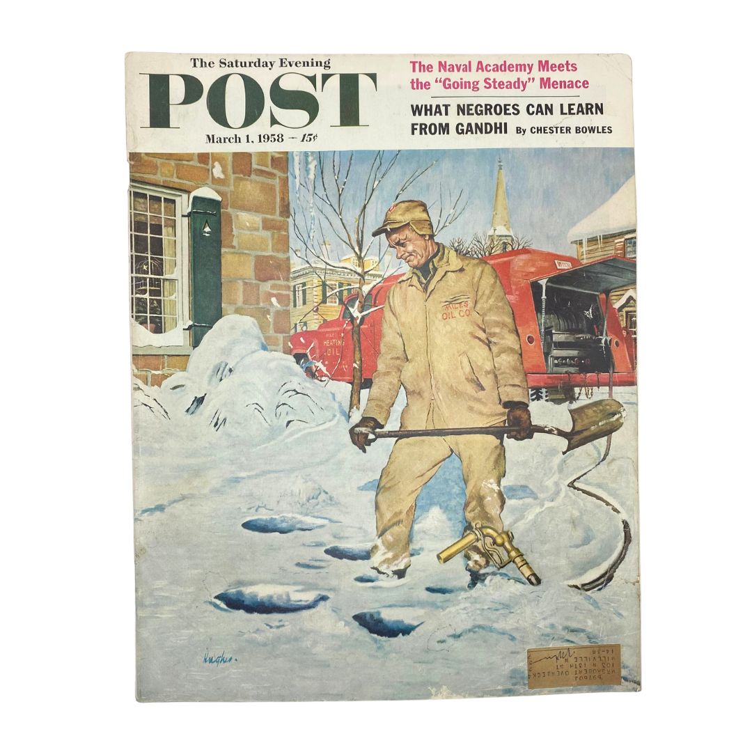 Cover of Saturday Evening Post Magazine, March 1, 1958 featuring the illustration 'Pfui on Old Rat Race' by George Hughes, depicting a man shoveling snow.