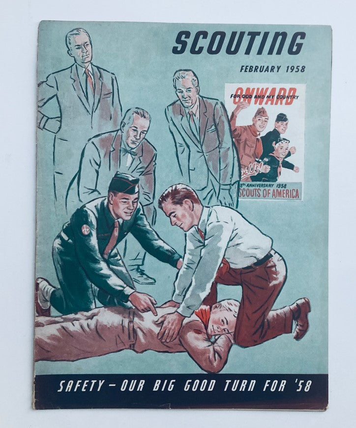 Front cover of VTG Scouting Magazine February 1958 Vol 46 No. 2 Safety - Big Turn featuring a focus on safety practices in scouting activities, illustrated with vibrant art depicting scouts in action.