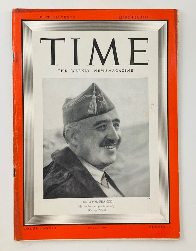 VTG Time Magazine March 27 1939, Volume 23, Number 13 featuring dictator Francisco Franco on the cover, highlighting historical political significance.