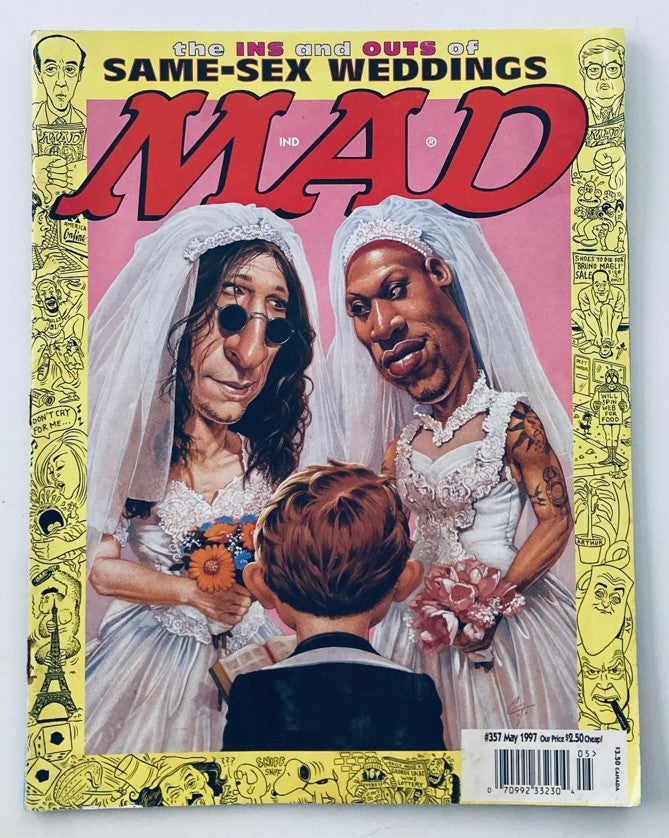 Mad Magazine May 1997 #357 cover featuring caricatures of Dennis Rodman and Howard Stern in wedding attire, highlighting the satirical take on same-sex weddings. A vibrant illustration representing 1990s pop culture.