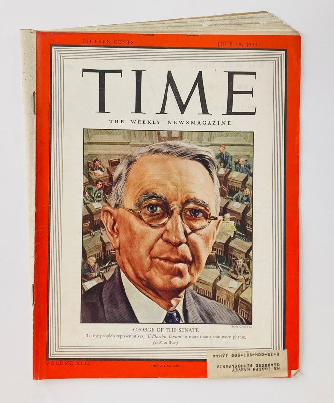 Cover of VTG Time Magazine July 19 1943 featuring Walter F. George, a notable figure in the Senate during WWII. The cover showcases a portrait of George against a backdrop of Congress.