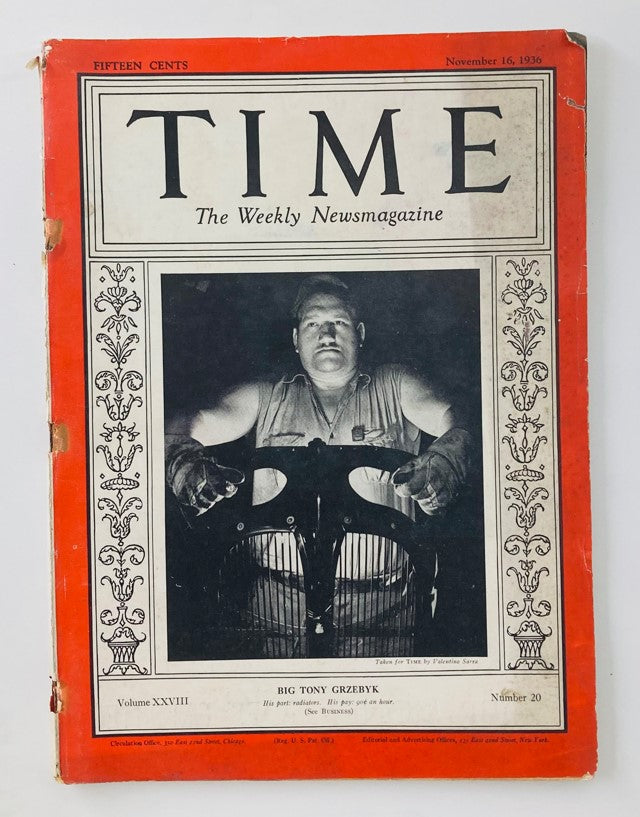 VTG Time Magazine November 16 1936, Vol 28 No. 20 featuring Big Tony Grzebyk on the cover. The magazine highlights significant historical events and figures from the 1930s.
