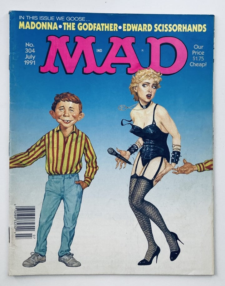 Mad Magazine July 1991 No. 304, featuring a colorful cover illustration of Madonna and a boy in a striped shirt, highlighting pop culture humor from the early '90s.