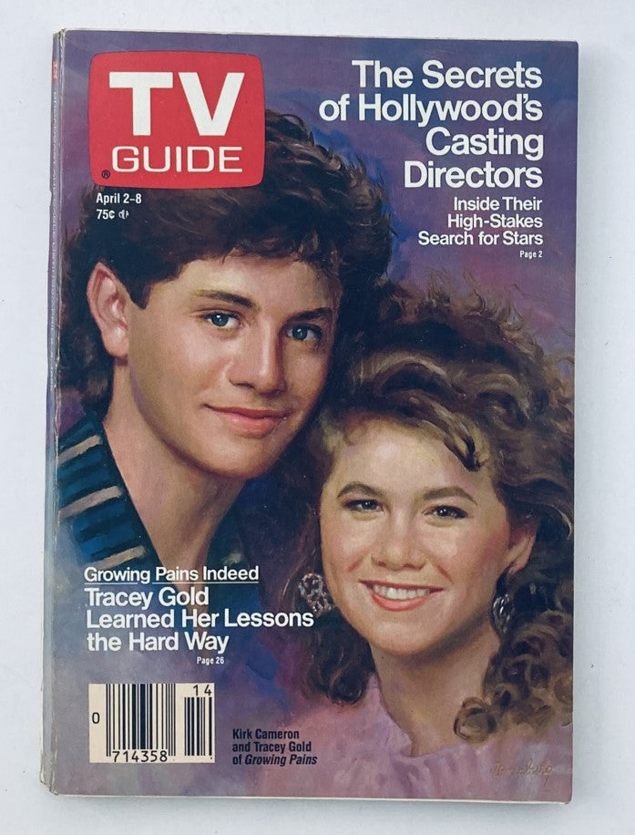 TV Guide Magazine April 2 1988 featuring Tracey Gold and Kirk Cameron on the cover, showcasing 'The Secrets of Hollywood’s Casting Directors' article.