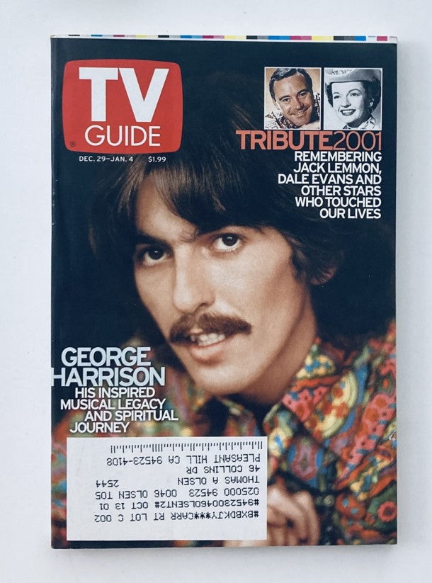 TV Guide Magazine cover from December 29, 2001 featuring George Harrison, celebrating his musical legacy and spiritual journey.