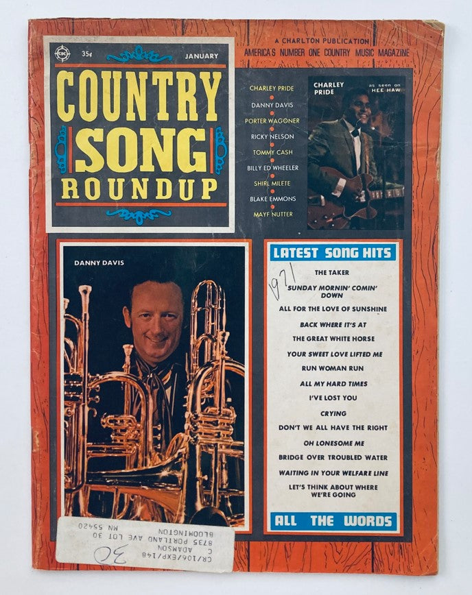 Vintage Country Song Roundup Magazine cover from January 1971 featuring Danny Davis and Charley Pride, showcasing iconic country music stars and latest song hits.