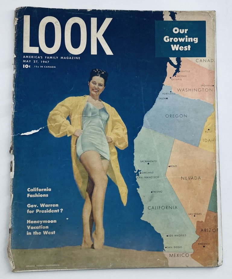 Cover of VTG Look Magazine May 27, 1947 featuring a woman in a swimsuit with a yellow wrap, and a map showing the western United States under the theme 'Our Growing West.'