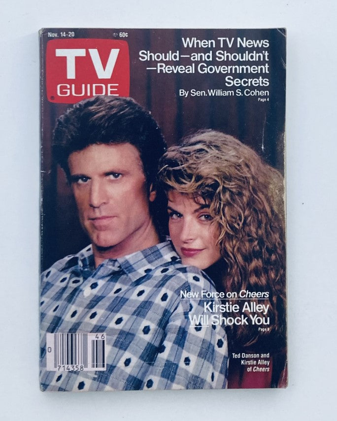 Cover of TV Guide Magazine from November 14 1987 featuring Kirstie Alley and Ted Danson, highlighting the article 'New Force on Cheers'.