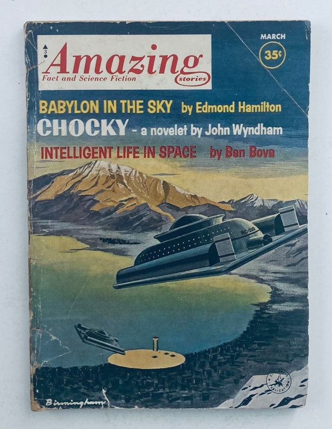 Cover of Amazing Science Fiction Stories Magazines May 1963 featuring 'Babylon In The Sky' with artwork depicting futuristic spaceships in a mountainous landscape.