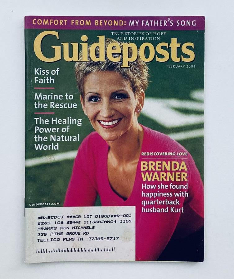 Cover of Guideposts Magazine February 2003, Vol 57 No 12 featuring Brenda Warner with the title 'Kiss of Faith' and an article about her life and faith journey.