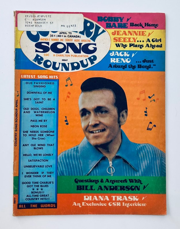 Cover of VTG Country Song Roundup Magazine April 1973 featuring Bill Anderson, showcasing headlines and song listings.
