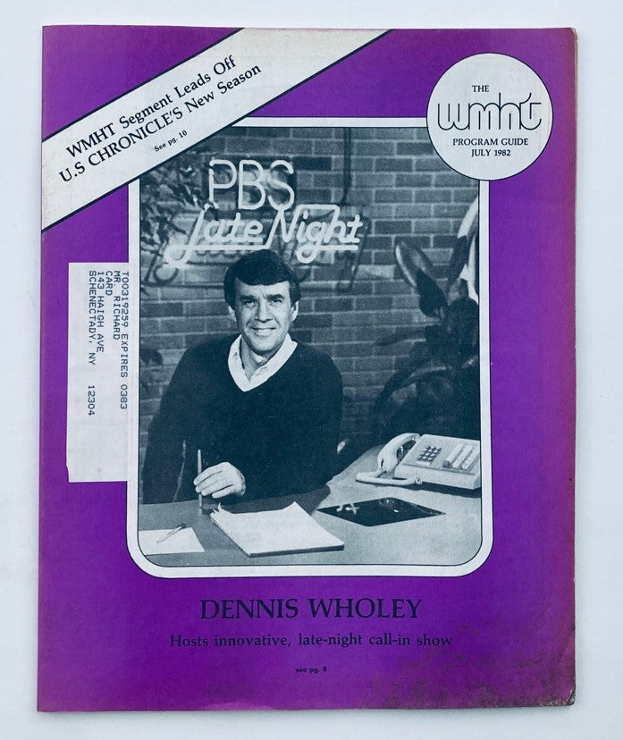 Cover of VTG WMHT Program Guide Magazine July 1982, Volume 19 No. 7 featuring Dennis Wholey, host of PBS Late Night.