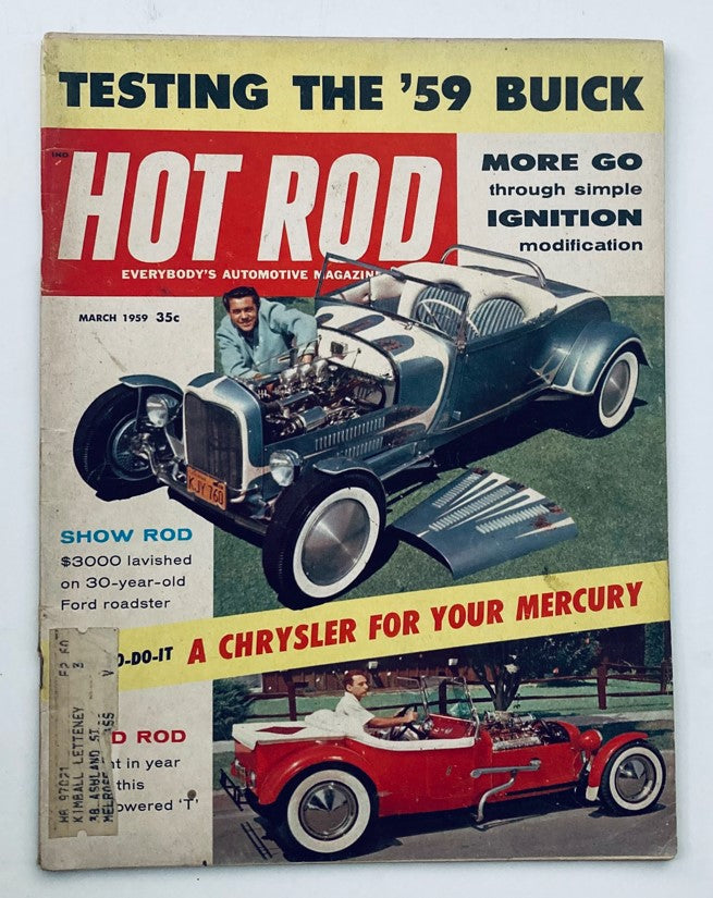 Cover of VTG Hot Rod Magazine March 1959 Vol 12 No. 3 featuring a vintage hot rod car and the headline 'A Chrysler for Your Mercury'.