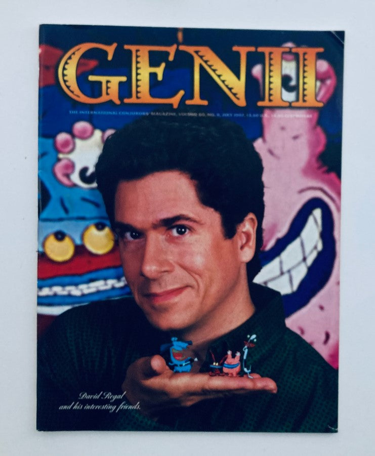 Cover of Genii The Conjurors' Magazine July 1997 featuring David Regal holding playful characters, showcasing a vibrant and colorful design.