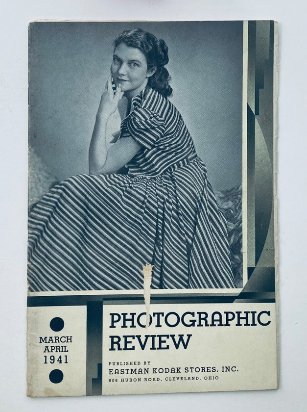 Cover of VTG Photographic Review Magazine from March 1941 featuring a woman seated in a striped dress. The title 'Photographic Review' is prominently displayed, showcasing vintage photography aesthetics.