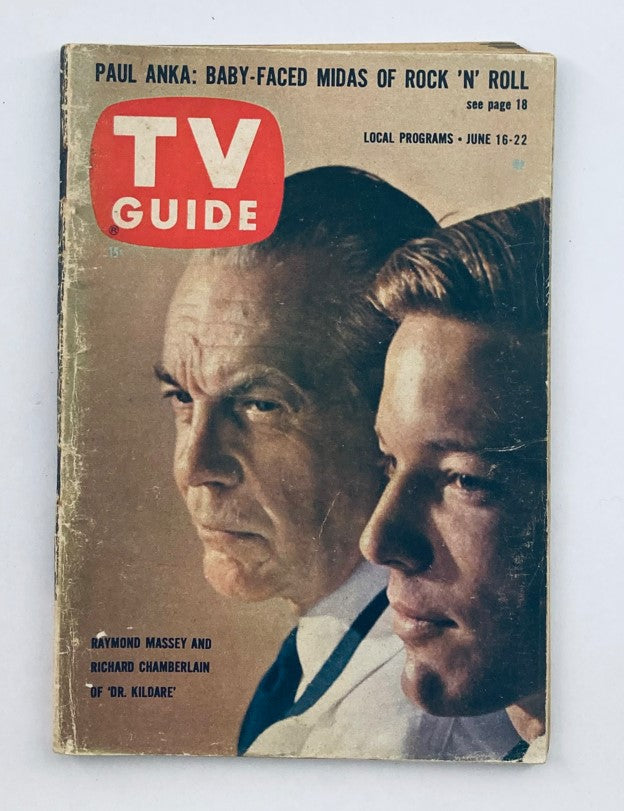 TV Guide Magazine Cover from June 16, 1962 featuring Raymond Massey and Richard Chamberlain, showcasing classic television history.