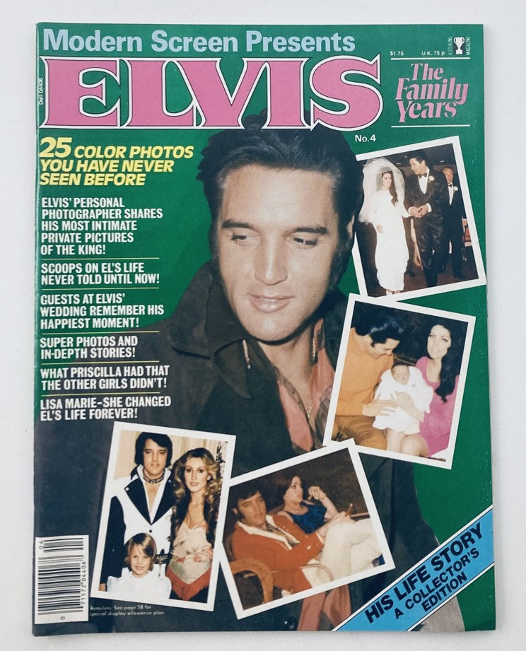 Cover of VTG Modern Screen Magazine Presents 1979 Vol 1 No. 4 Elvis Presley, featuring a striking photo of Elvis and highlights about his personal life, including exclusive stories and photos.