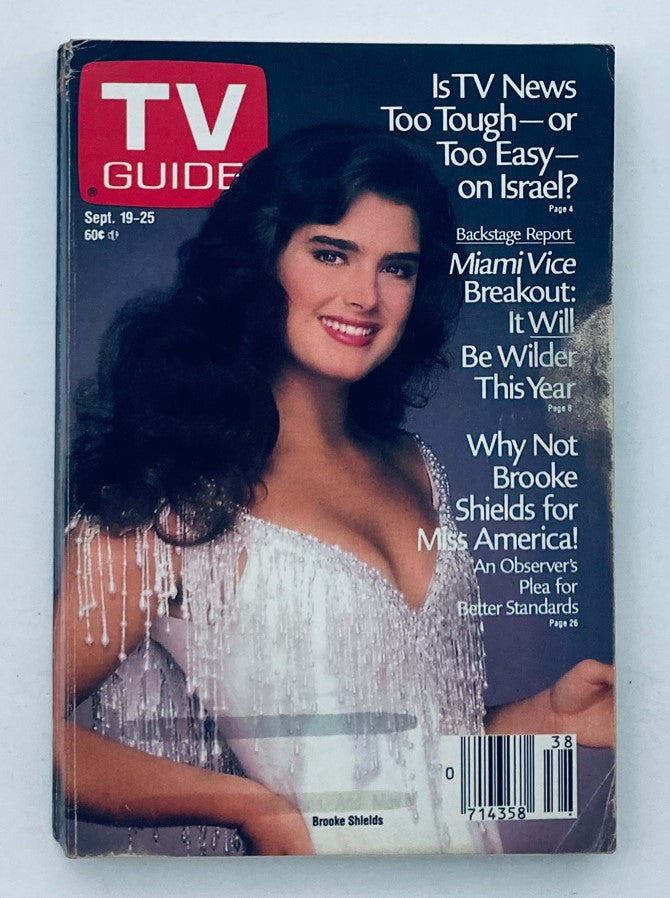 Cover of TV Guide Magazine dated September 19, 1987 featuring Brooke Shields, with a headline discussing TV news and features related to Miami Vice. This issue includes information on programs and a plea for better standards in broadcasting.