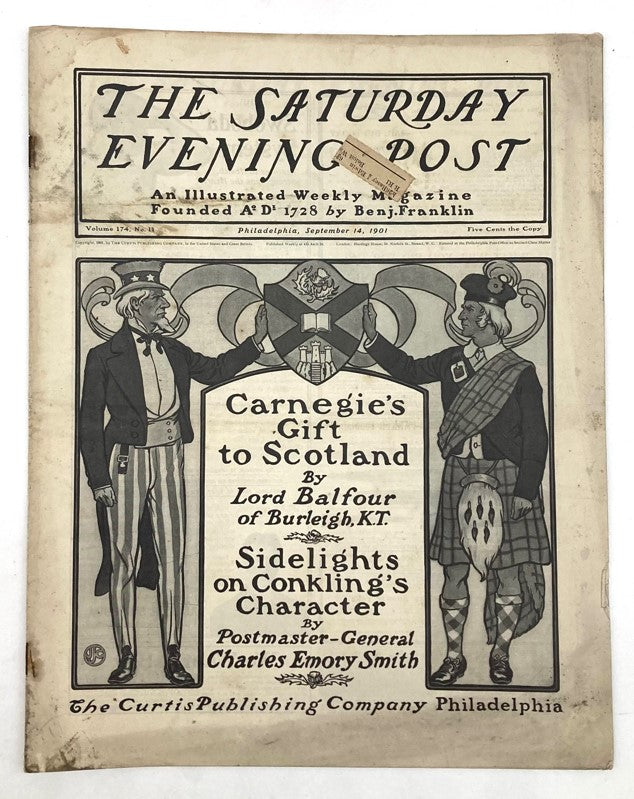 Saturday Evening Post Illustrated Cover Magazine from September 14, 1901 featuring an artistic depiction related to Carnegie's gift to Scotland and character insights by prominent figures of the time.