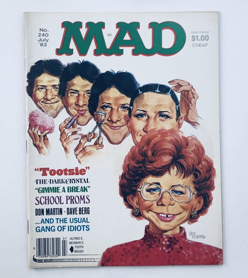 VTG Mad Magazine July 1983 No. 240 features Alfred E. Neuman as Tootsie on the cover, a humorous vintage collectible from the 1980s.