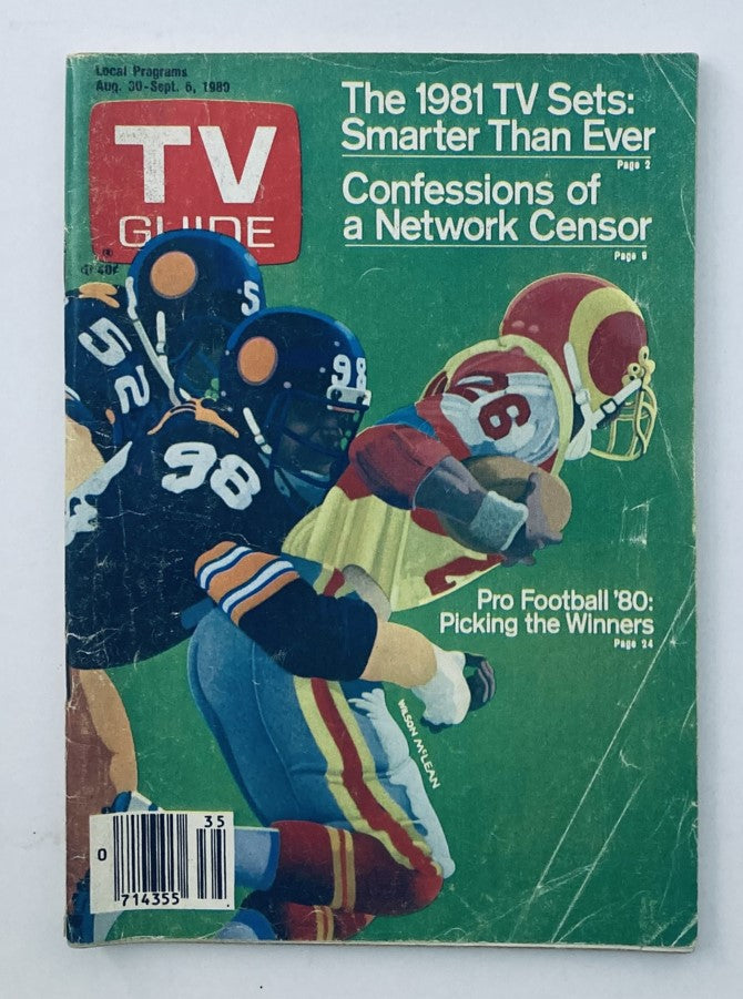 Cover of TV Guide Magazine dated August 30, 1980 featuring a football theme with players in action, titled 'Football Winners Kansas State.' The magazine highlights articles on the 1981 TV sets and Pro Football 80.