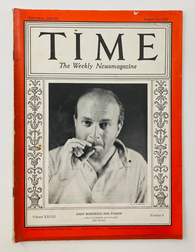 Vintage Time Magazine August 10 1936 Vol 28 No. 6 John Roderigo Dos Passos
