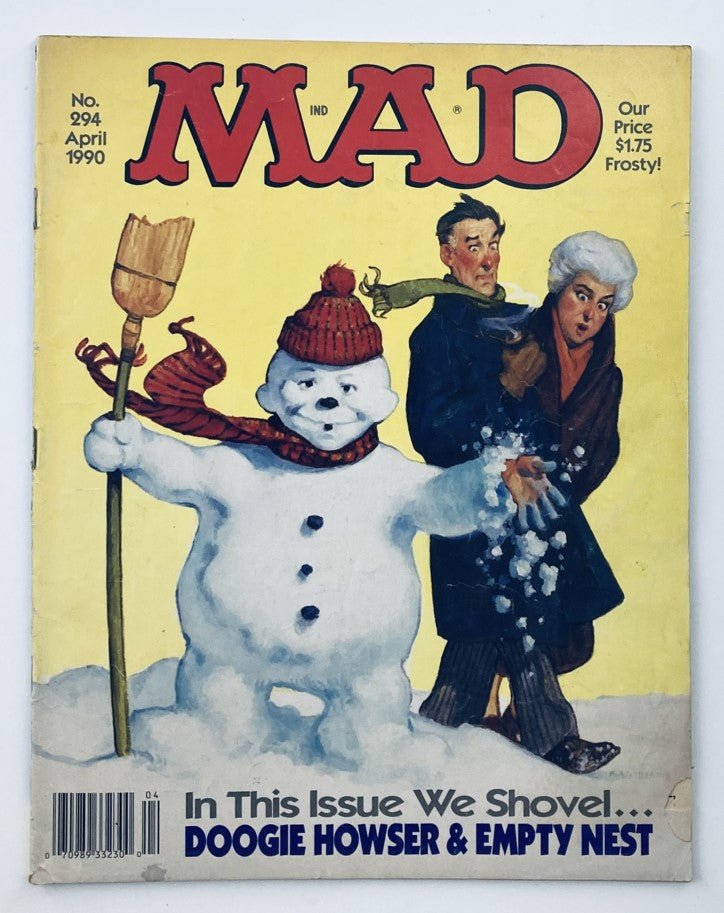 Cover of Mad Magazine April 1990 No. 294 featuring Doogie Howser, with a snowy background and characters emerging from the snow. In very good condition, this vintage magazine captures 1990s humor.