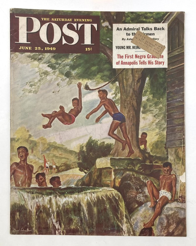 Cover of the Saturday Evening Post Magazine dated June 25, 1949, illustrated by Mead Schaeffer, featuring children jumping into a swimming area surrounded by nature.