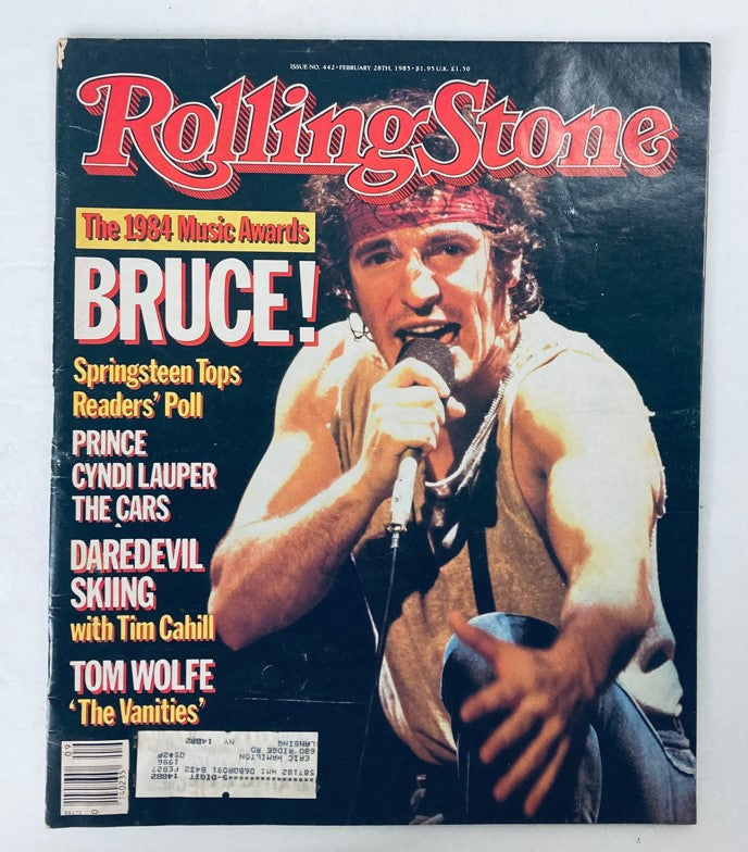 Cover of VTG Rolling Stone Magazine February 28 1985 Issue No. 442 featuring Bruce Springsteen, highlighting his performance with bold text and vibrant colors.